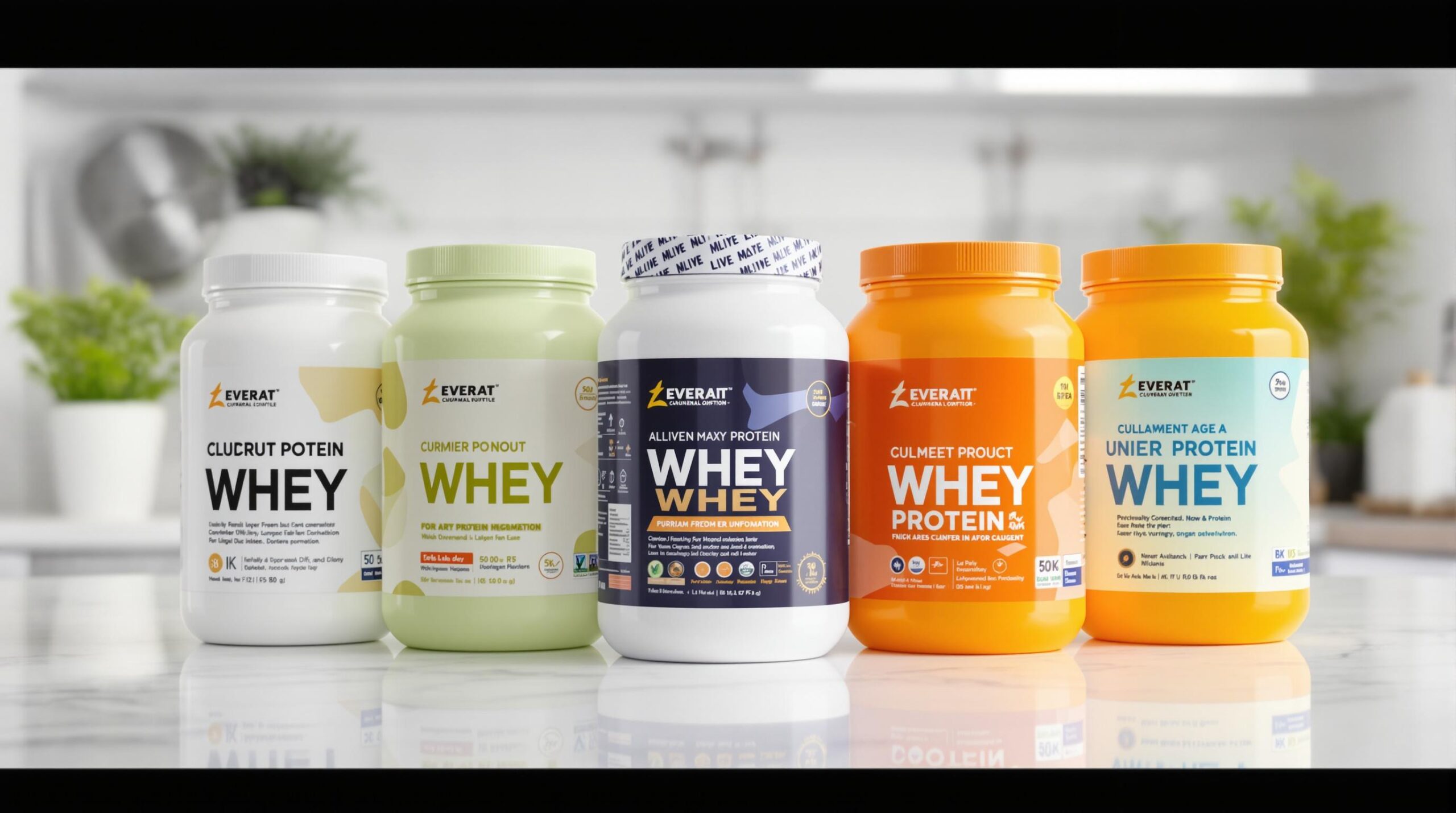Everatt brand whey protein powders in various flavors.