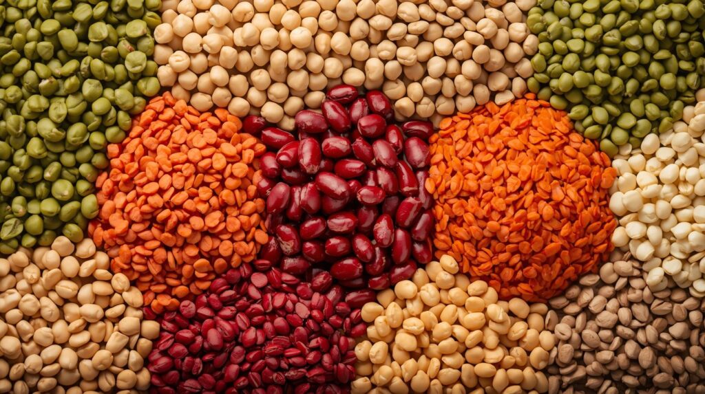Aliments pour des recettes protéinées végétariennes : lentilles vertes, poids chiches, haricots rouges, lentilles corail, pois cassés.