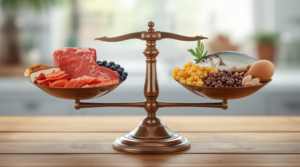 Pesée d'aliments riches en protéines.