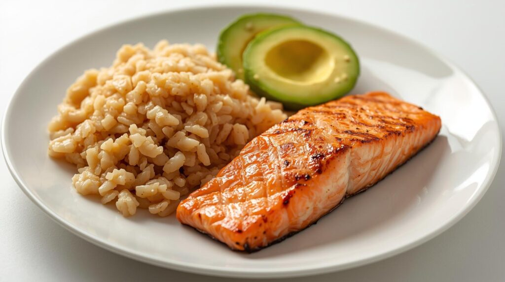 Repas équilibré entre glucides, lipides et protéines.