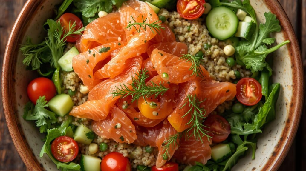 Recette protéinée salade de quinoa au saumon fumé avec des légumes.