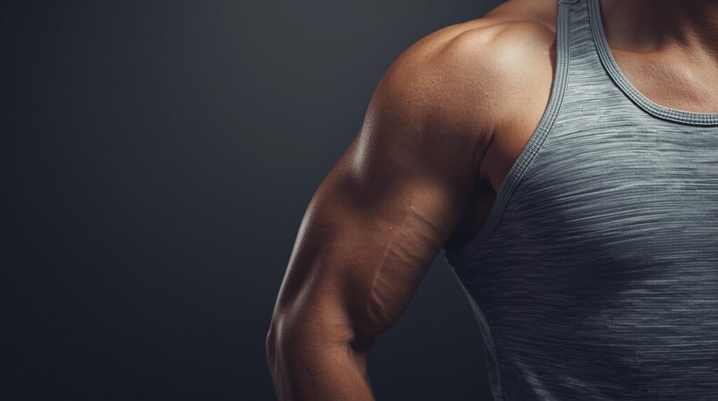 Jeune homme en débardeur montrant sa musculature, biceps et épaules.
