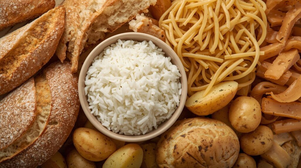 Les meilleurs sources d'aliments riches en glucides : pain, riz, pâtes, pomme de terre.