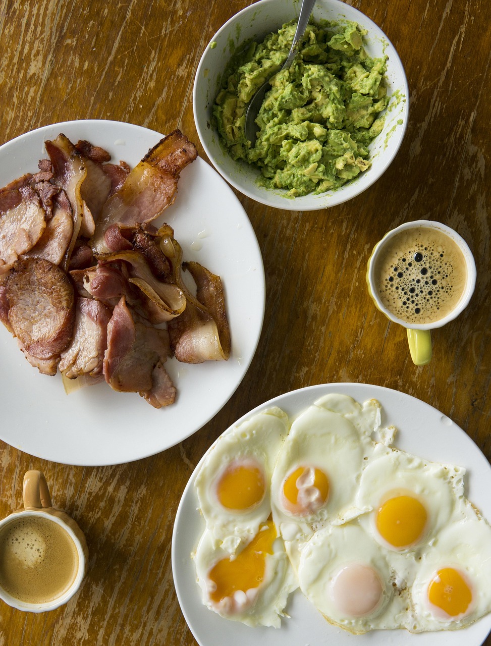 breakfast, eggs, food, plate, delicious, protein, meal, kitchen, bacon, avocado, coffee, brown kitchen, brown egg, brown eggs, brown breakfast