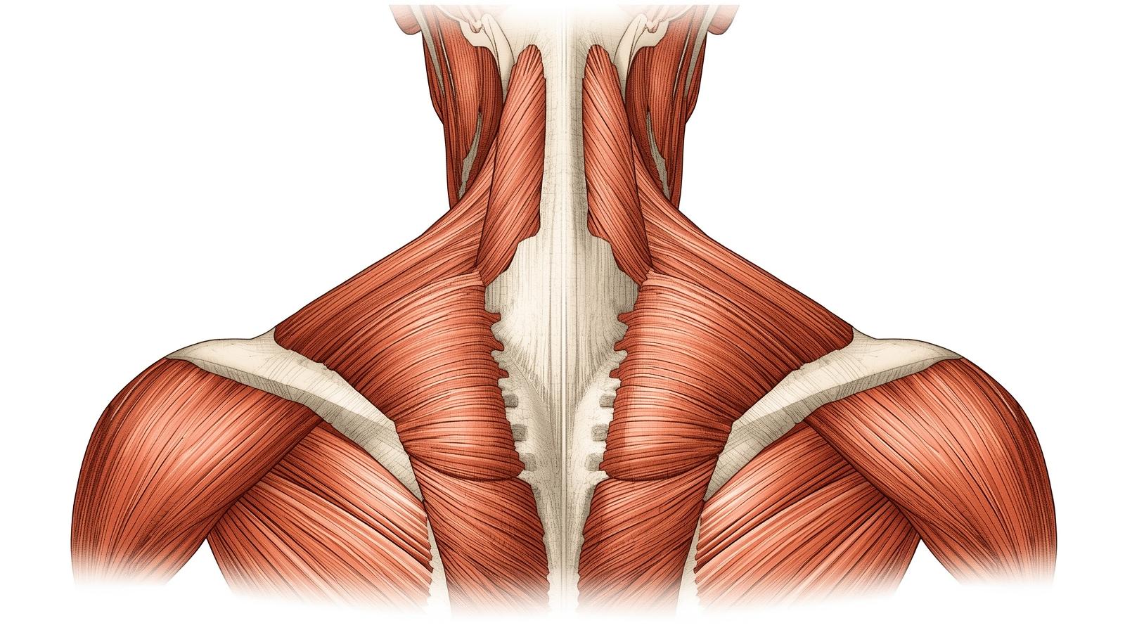 Muscles des trapèzes, faisceau supérieur, faisceau moyen et faisceau inférieur.