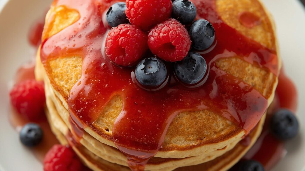 Recette protéinée de pancakes avec des fruits rouges.