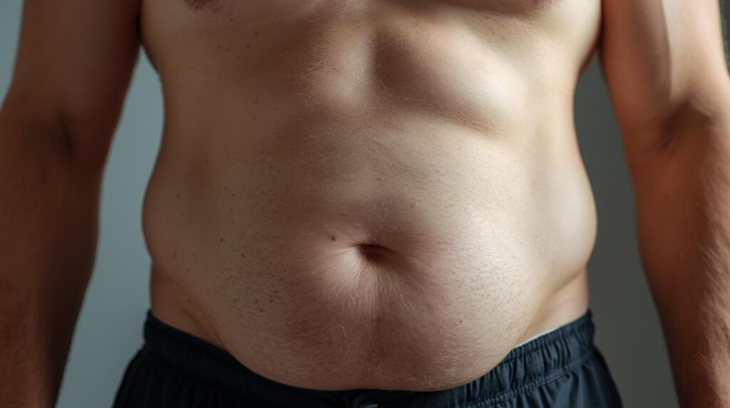 Homme sportif ayant du gras au niveau de son ventre, dû à la graisse abdominale présente dans son corps.