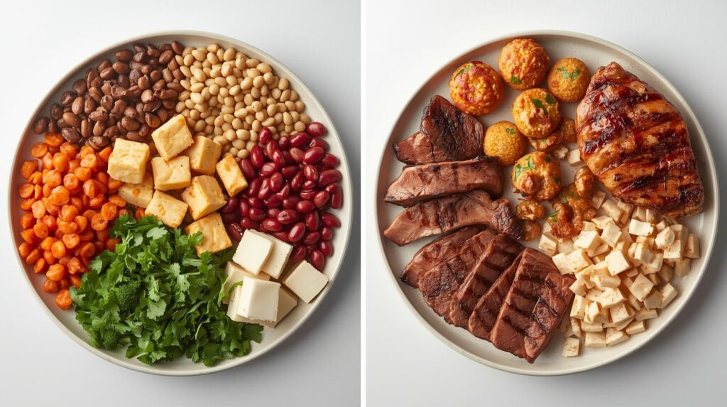 Deux repas contenant des origines de protéines alimentaires différentes, protéines végétales et protéines animales.