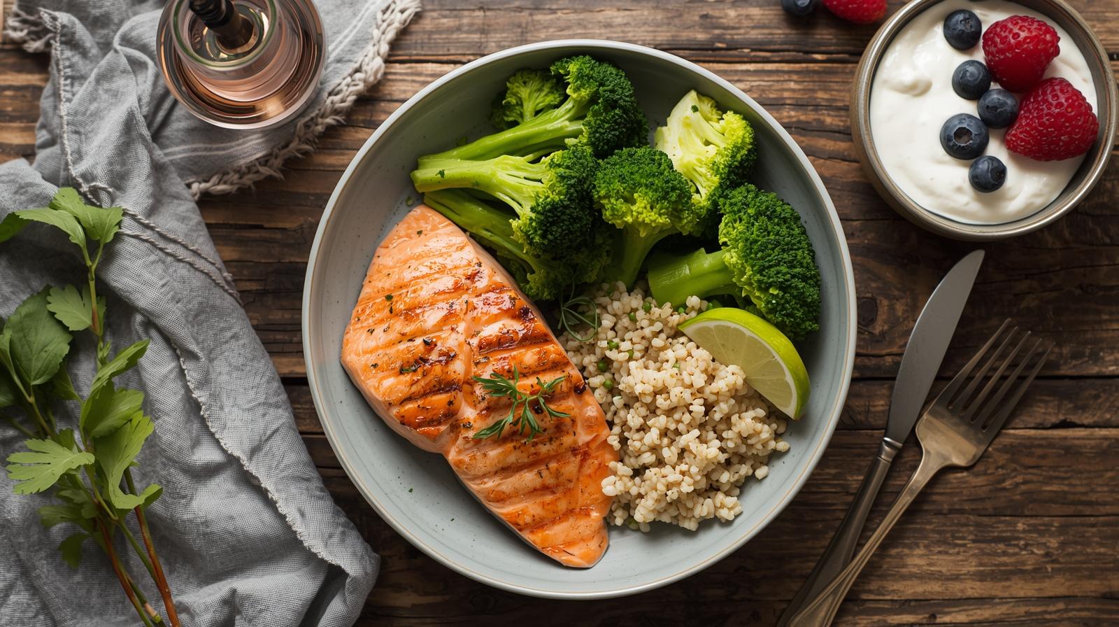 Exemple de repas d'un régime hyperprotéiné à base de saumon et épinard.