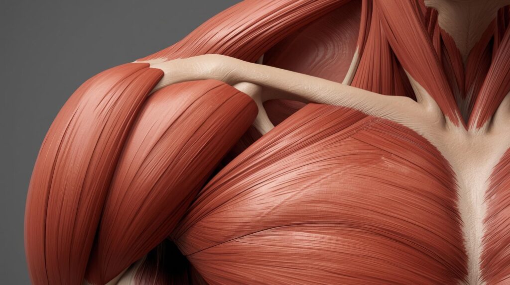 Anatomie des muscles de l'épaule, deltoïdes, faisceau antérieur, faisceau latéral et postérieur.