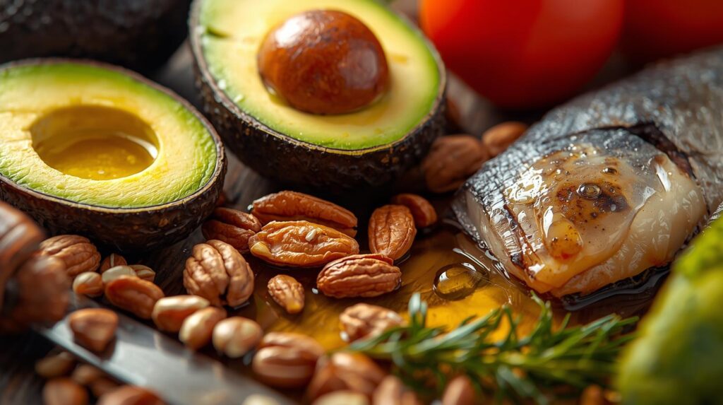 Sources de lipides, aliments riches en lipides : avocat, poisson gras, noix et huiles végétales.