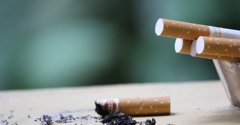 Cigarette with ashes on surface, highlighting tobacco use and health risks.