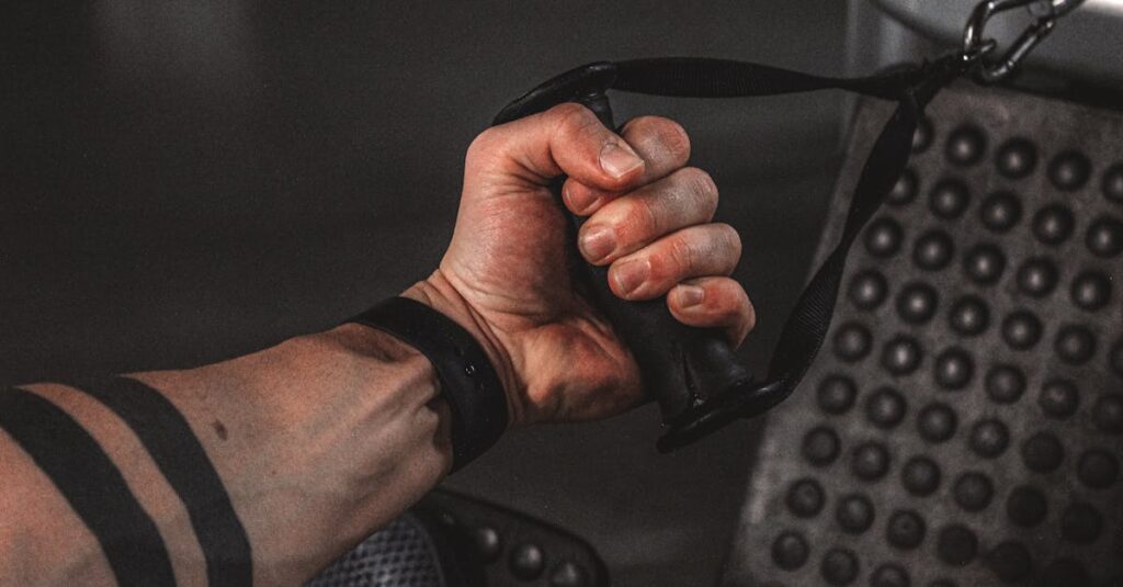 Close-up of a male hand gripping gym cable, showcasing strength and arm tattoo. working forearm strengh