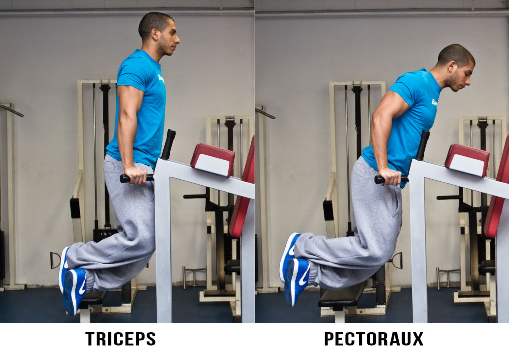 personne pratiquant des dips accentué sur les pectoraux ou les triceps