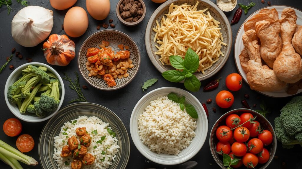 Repas contenant des protéines, glucides et lipides pour une nutrition sportive adaptée.