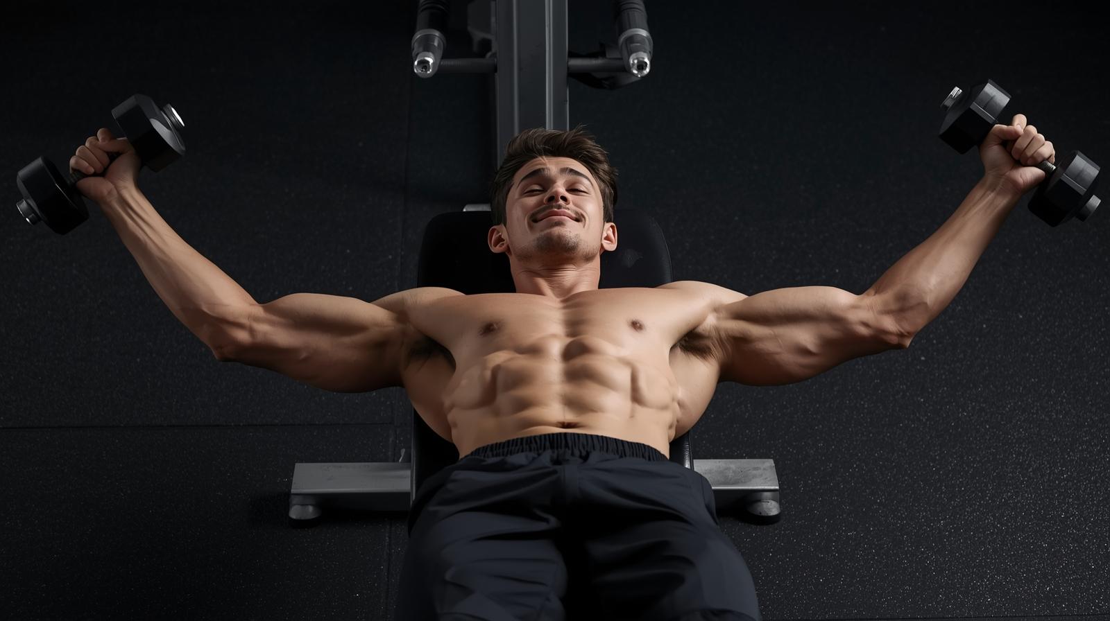 Exercice d'écarté aux haltères en salle de sport, musculation.