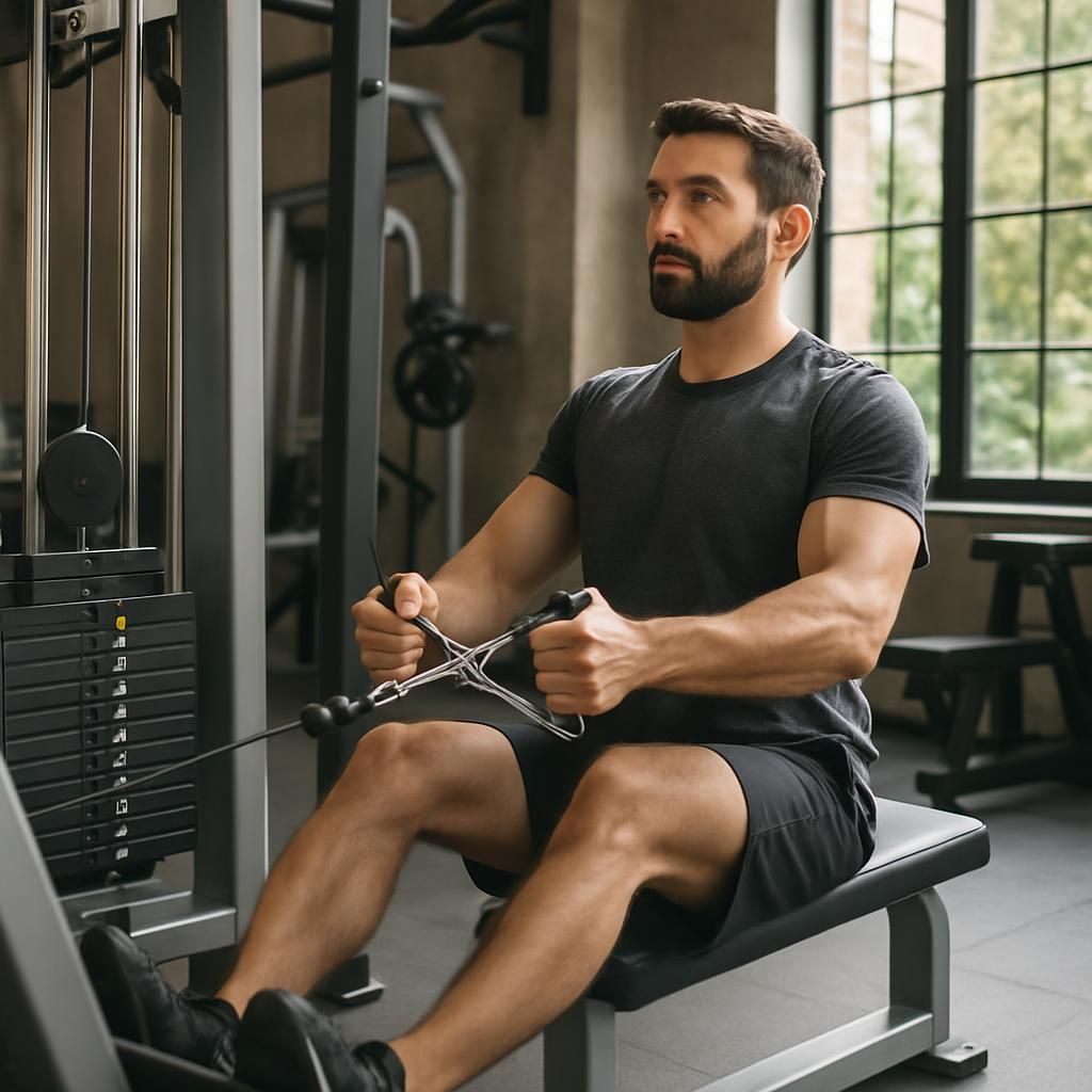 Un homme effectuant un rowing à la poulie basse