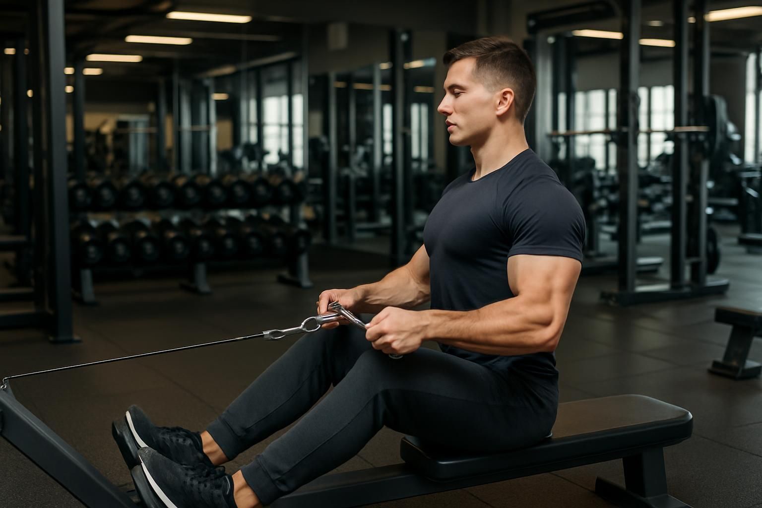Exercice de rowing à la poulie basse en salle de sport