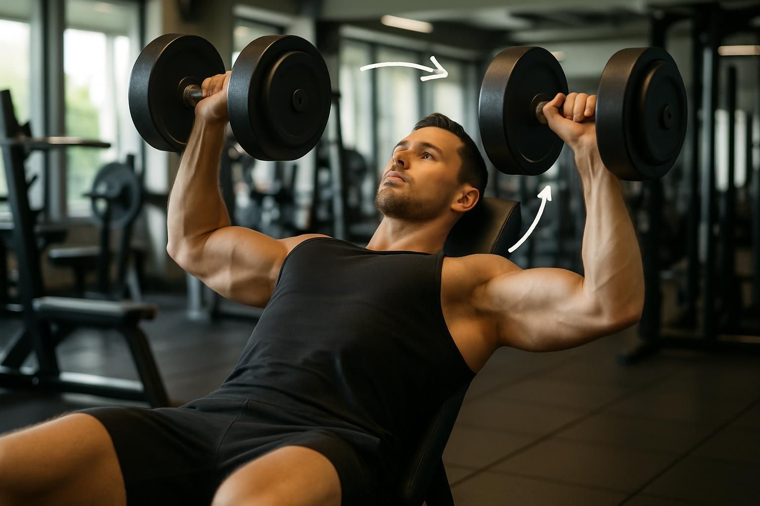 Jeune homme pratiquant un exercice de développé couché aux haltères dans une salle de sport